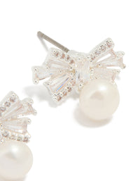 Silver Plated Pearl & Cubic Zirconia Bow Baguette Drop Earrings - link has visual effect only