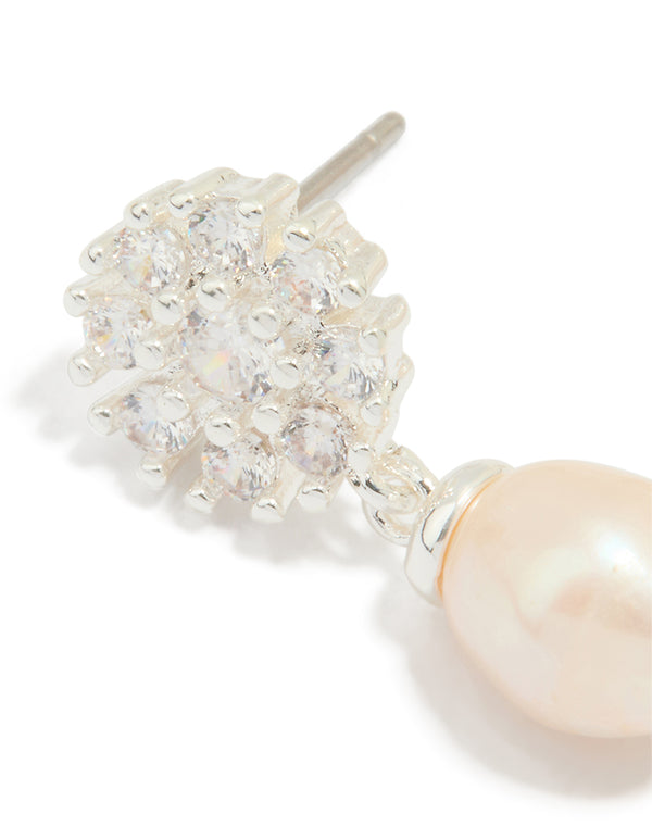 Silver Plated Cubic Zirconia Flower & Pearl Drop Earrings