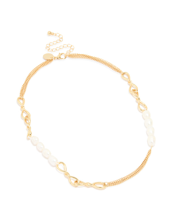 Gold Plated Freshwater Pearl & Twisted Link Chain Necklace