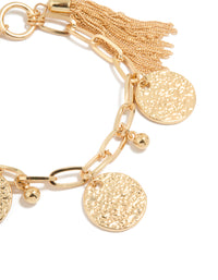 Gold Tassel & Textured Coin Charm Bracelet - link has visual effect only