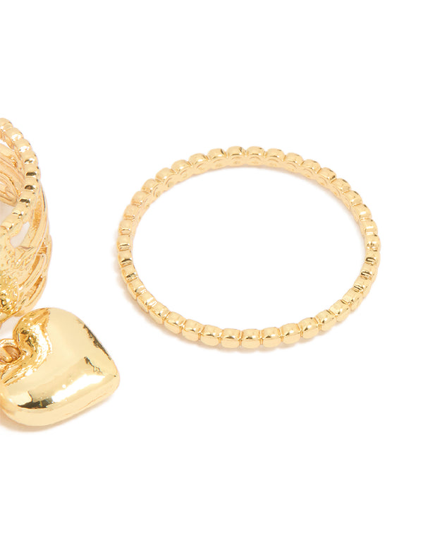 Gold Plated Pearl Heart Charm & Textured Rings 3-Pack