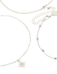 Showcasing a silver celestial choker necklace 6-pack with moon, star and balls close up view - link has visual effect only