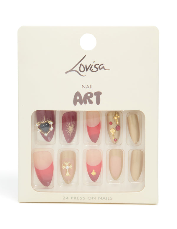 Red Mix Gold Cross  Press On Nail Set