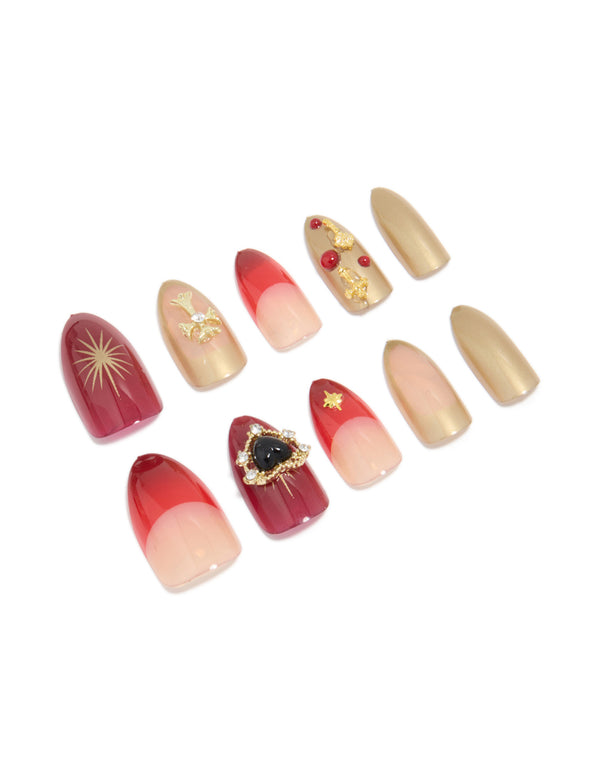 Red Mix Gold Cross  Press On Nail Set