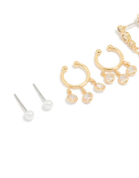 Gold Plated Cubic Zirconia & Pearl Huggie Earrings 4-Pack - link has visual effect only