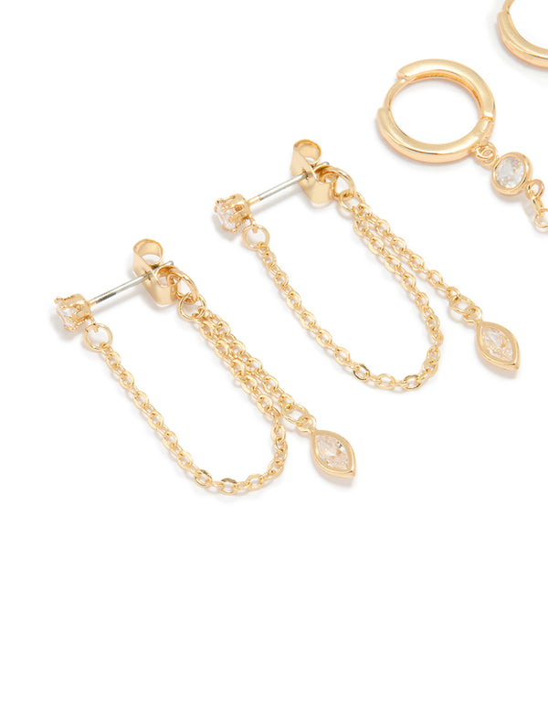 Gold Plated Cubic Zirconia Drop & Chain Earrings 2-Pack