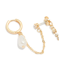 Gold Plated Pearl Chain Huggie & Stud Earrings - link has visual effect only