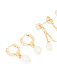 Gold Plated Pearl Huggie & Chain Stud Earrings 2-Pack - link has visual effect only