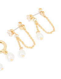 Gold Plated Pearl Huggie & Chain Stud Earrings 2-Pack - link has visual effect only