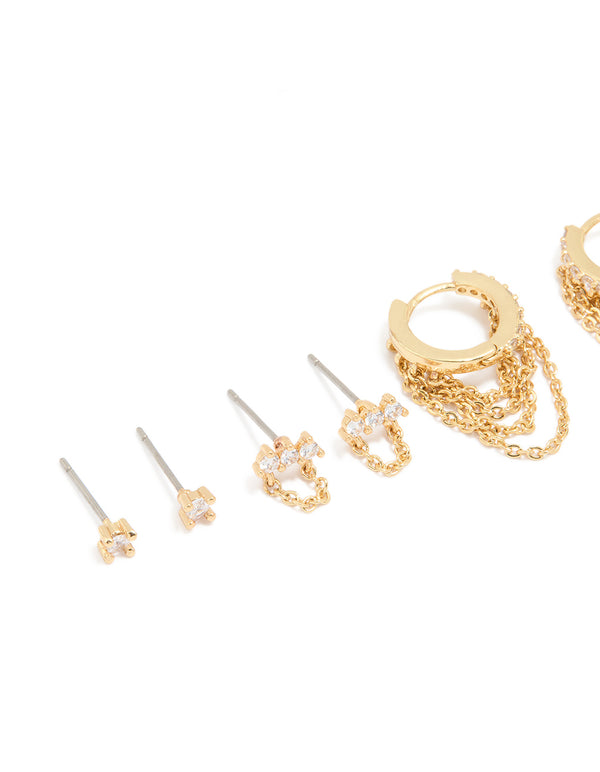 Gold Plated Cubic Zirconia & Huggie Chain Earrings 4-Pack
