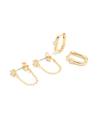 Gold Plated Cubic Zirconia Chain Stud & Huggie Earrings 2-Pack - link has visual effect only