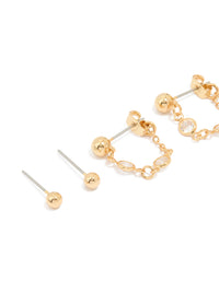 Gold Plated Molten Huggie & Cubic Zirconia Chain Earrings 4-Pack - link has visual effect only