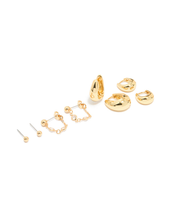 Gold Plated Molten Huggie & Cubic Zirconia Chain Earrings 4-Pack