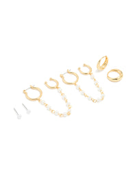 Gold Plated Pearl Chain & Huggie Earrings 3-Pack - link has visual effect only