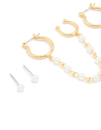 Gold Plated Pearl Chain & Huggie Earrings 3-Pack - link has visual effect only