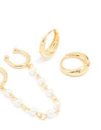 Gold Plated Pearl Chain & Huggie Earrings 3-Pack - link has visual effect only