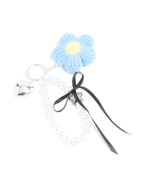 Blue Crochet Fabric Daisy & Pearl Key Chain