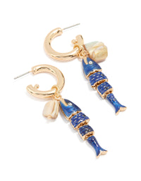 Gold Blue Fish Charm Hoop Earrings - link has visual effect only