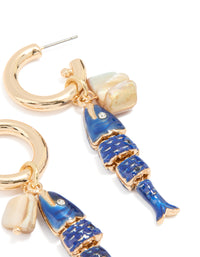 Gold Blue Fish Charm Hoop Earrings - link has visual effect only