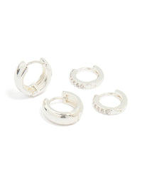 Silver Plated Brass Mini Cubic Zirconia & Plain Huggie Earrings 2-Pack - link has visual effect only