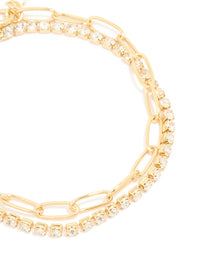 Gold Plated Rectangle Open Link Cubic Zirconia Bracelet - link has visual effect only