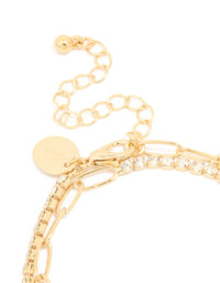 Gold Plated Rectangle Open Link Cubic Zirconia Bracelet - link has visual effect only