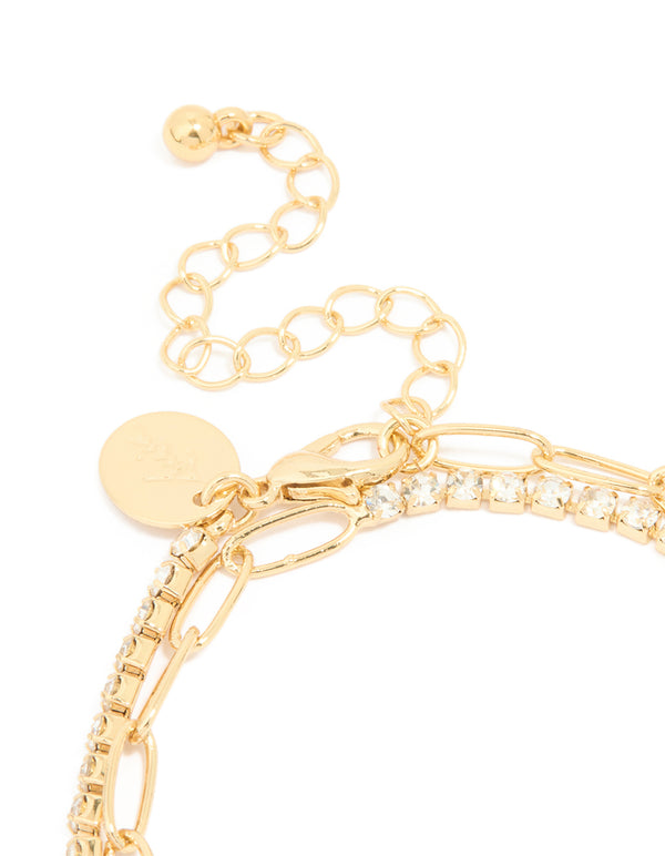Gold Plated Rectangle Open Link Cubic Zirconia Bracelet