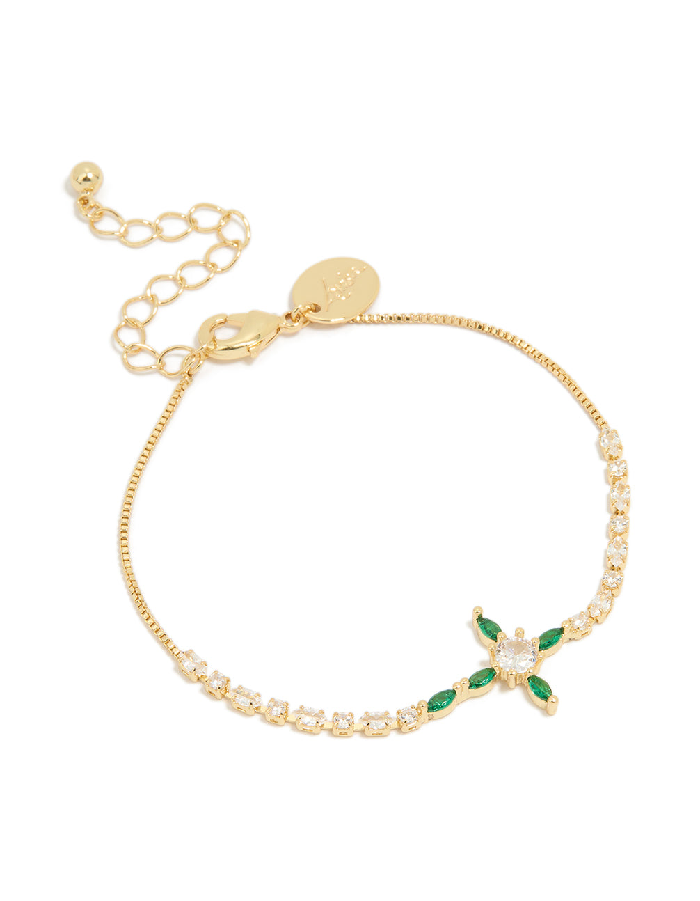Gold Plated Brass Emerald Cross Cubic Zirconia Toggle Bracelet