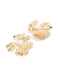 Gold Pearl Centre Molten Flower Stud Earrings - link has visual effect only