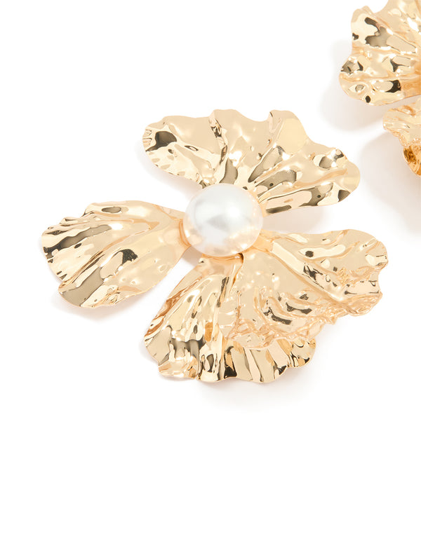 Gold Pearl Centre Molten Flower Stud Earrings