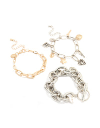 Mixed Metal Chain & Charm Bracelets 3-Pack - link has visual effect only