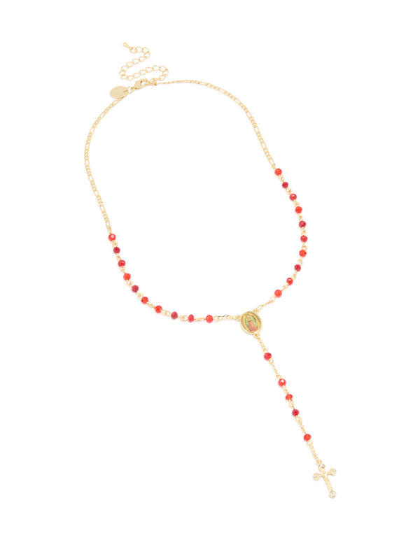 Gold Plated Red Beaded Cross Mary Lariat Necklace