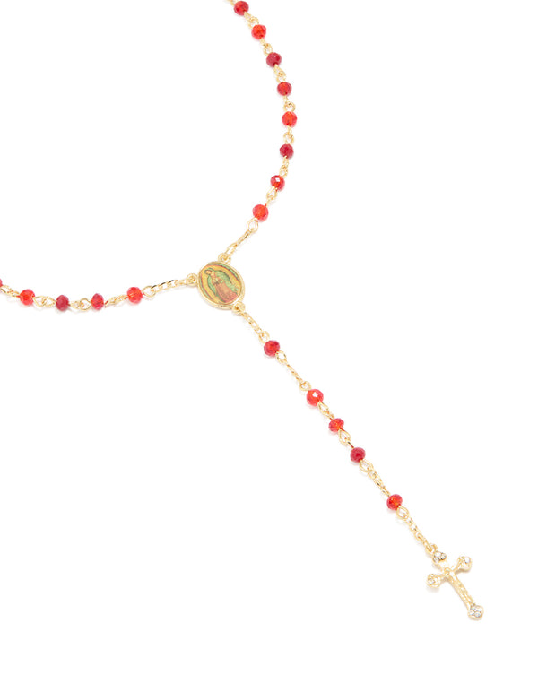Gold Plated Red Beaded Cross Mary Lariat Necklace