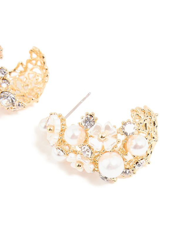 Gold Plated Flower Diamante Pearl Graduating Hoop