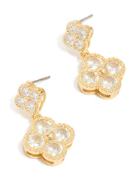 Crafted from gold plated metal, these cubic zirconia small and medium flower earrings feature dainty clear accents in front view. - link has visual effect only