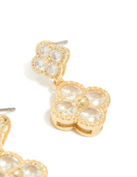 Showcasing a gold plated cubic zirconia small and medium flower earrings featuring a dainty clear stone design post detail view - link has visual effect only