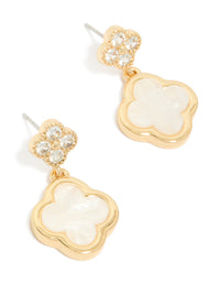 Showcasing gold plated cubic zirconia drop earrings featuring double floral design with ivory and clear stone accents front view - link has visual effect only