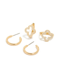 Beautifully crafted cubic zirconia flower and plain huggie earrings 2-pack in gold plated finish front view - link has visual effect only