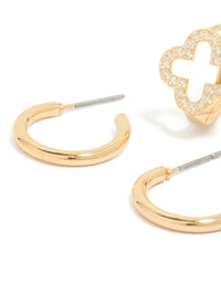 Stunning cubic zirconia flower and plain huggie earrings 2-pack with gold plated finish close up view - link has visual effect only