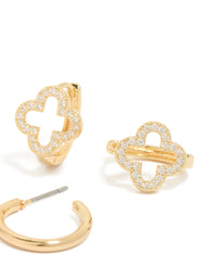 Elegant cubic zirconia flower and plain huggie earrings 2-pack featuring gold plated finish post detail view - link has visual effect only