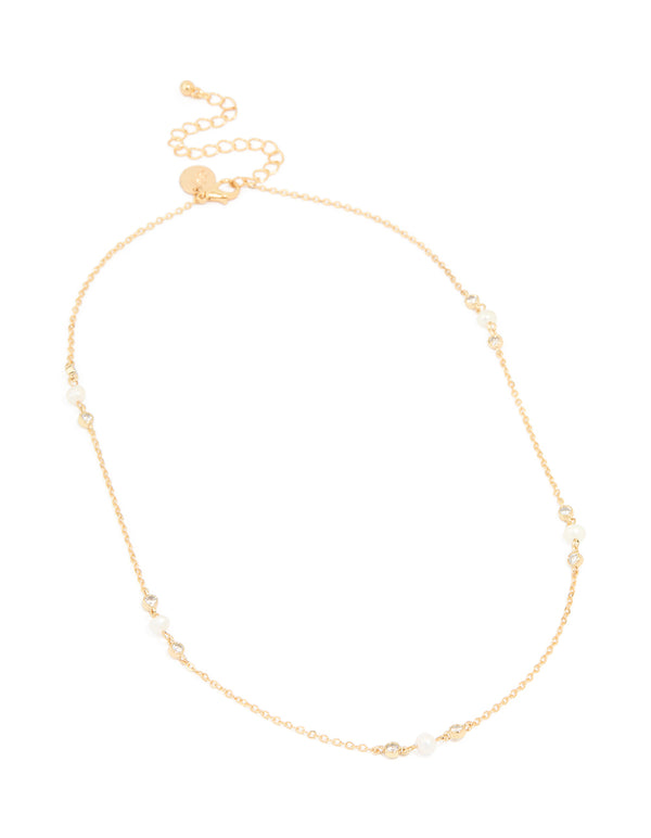Gold Plated Cubic Zirconia & Freshwater Pearl Dainty Station Necklace