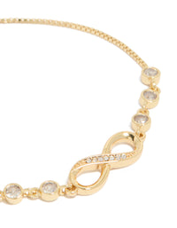 Showcasing a infinity bracelet in gold plated cubic zirconia close up view - link has visual effect only