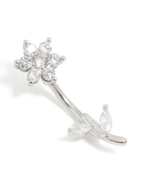 Showcasing a floral cubic zirconia surgical steel belly bar with thread-through design in silver front view - link has visual effect only