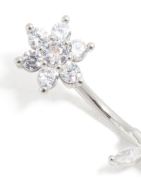 Featuring a floral cubic zirconia surgical steel belly bar with thread-through design and silver finish detail view - link has visual effect only