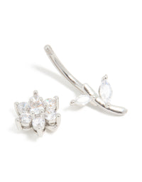 Featuring a floral cubic zirconia surgical steel belly bar with thread-through design and silver finish detail view - link has visual effect only
