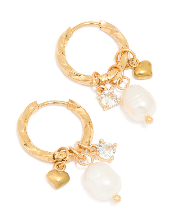 Waterproof Gold Plated Stainless Steel Freshwater Pearl Twist Hoop Earrings