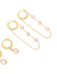 Waterproof Gold Plated Cubic Zirconia Chain Droplet Earrings 2-Pack - link has visual effect only