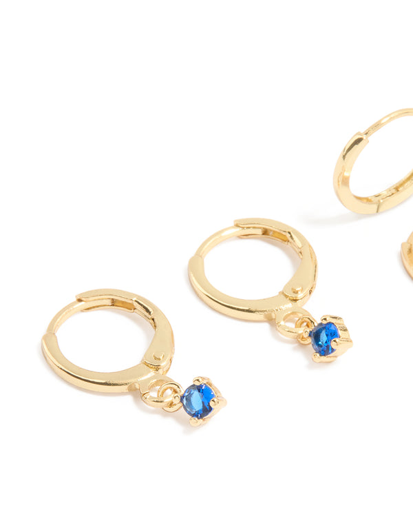 Gold Plated Dainty Blue Cubic Zirconia Hoop Earrings 3-Pack