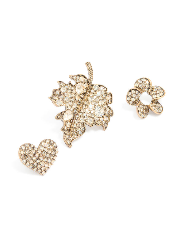 Worn Gold Diamante Leaf Brooches 3-Pack