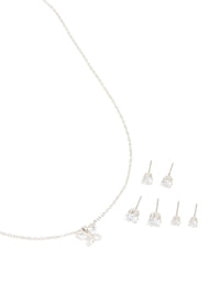Silver Diamante Butterfly Necklace & Stud Earrings 3-Pack Set - link has visual effect only